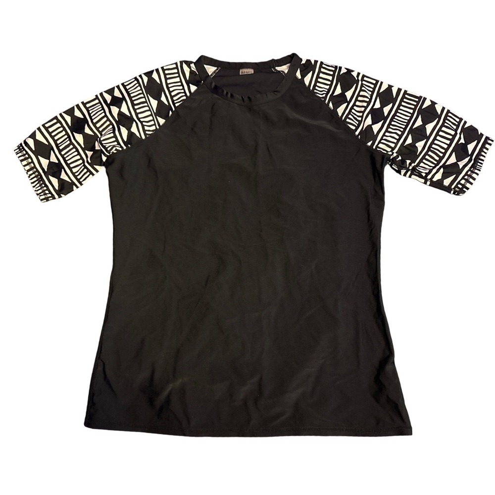 Old Navy Women Black Tribal Print Short Sleeve Rash Guard Swim Top, Size Large